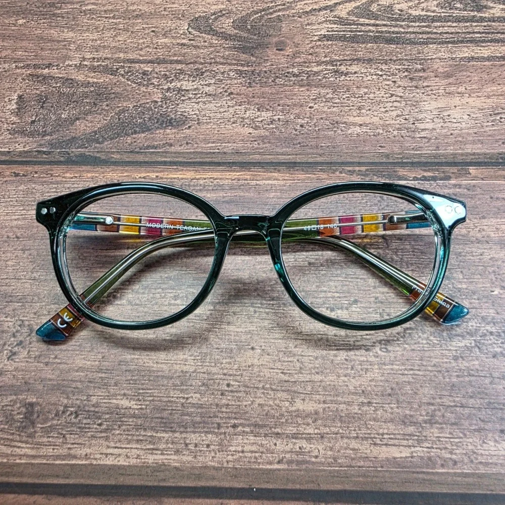 Modern Teagan Teal Crystal Eyeglass Frames 49-18-140 Multi Color Striped Temples